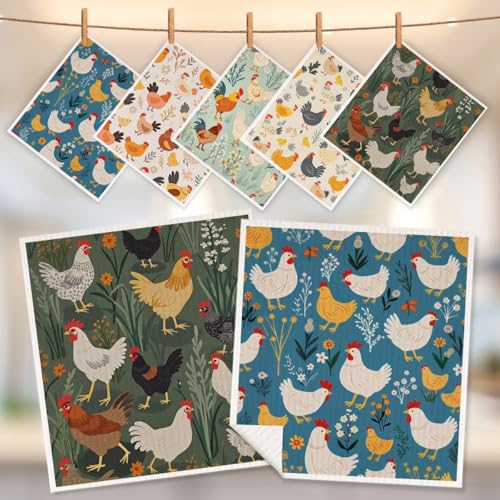 5 Pcs Vintage Chicken Swedish Dishcloths, Chick Swedish Dishcloth, Artistic Dish Cloths for Drying Dishes, Reusable Cleaning Cloths, Housewarming Gifts for Women 1 - color: Lm 04235