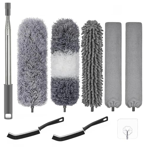 Dusters for Cleaning - 9Pcs Feather Duster Extendable Pole Up to 100'', Microfibre Feather Duster Bendable Washable Long Duster for Cleaning Ceiling Chandelier High Ceiling Furniture - color: 9pcs