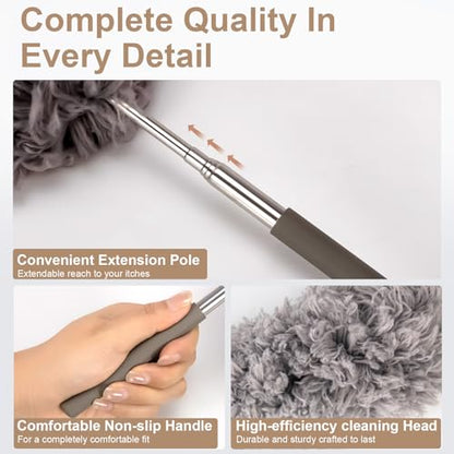 Microfiber Feather Duster Extendable Duster with 14"-33" Extra Stainless Steel Pole, Bendable Head & Long Handle Dusters for Cleaning Ceiling Fan,Ceiling, Blinds, Furniture & Cars Gray