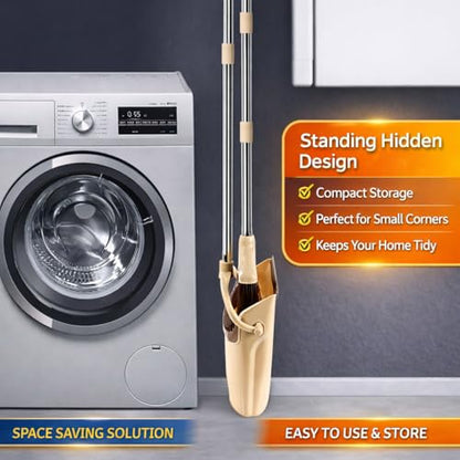 Broom and Dustpan Set with Long Handle and 6 Bonus Cleaning Tools, Upright Standing Combo with Self-Cleaning Teeth & Windproof Dustpan for Pet Hair, Home, Kitchen, Garage, Apartment - color: Beige&coffee