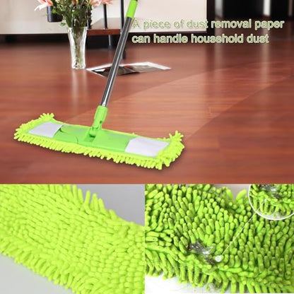 Dust Mop for Floor Cleaning with 2 Washable Chenille Pads and Extendable 58” Long Handle, Dry Wet Flat Mop with Scouring Pad for Hardwood, Laminate, Tile, Marble (Green) - color: Green