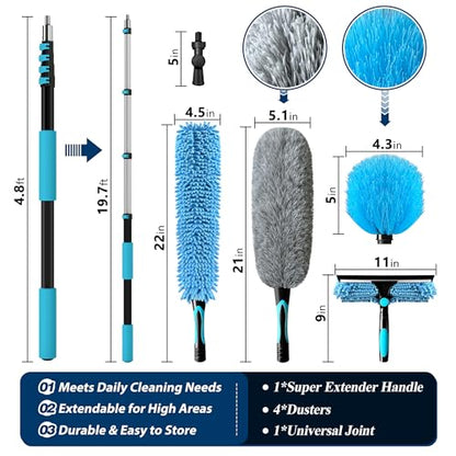 COVERONICS 25FT High Duster Cleaning Tools with 5-20FT Extension Poles - Reusable Fan Duster Cleaning Kits with Ceiling Fan Cleaner Duster, Window Squeegee, Microfiber Feather Duster & Cobweb Duster - size: 20FT