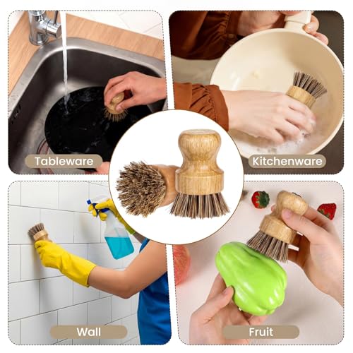 12 Packs Bamboo Dish Scrub Brush Wooden Washing Scrubbers with Sisal Bristles Kitchen Palm Pot Brush Round Mini Dish Brushes for Household Iron Pot Pan Sink Sink Vegetables Cleaning (Brown) - color: Brown