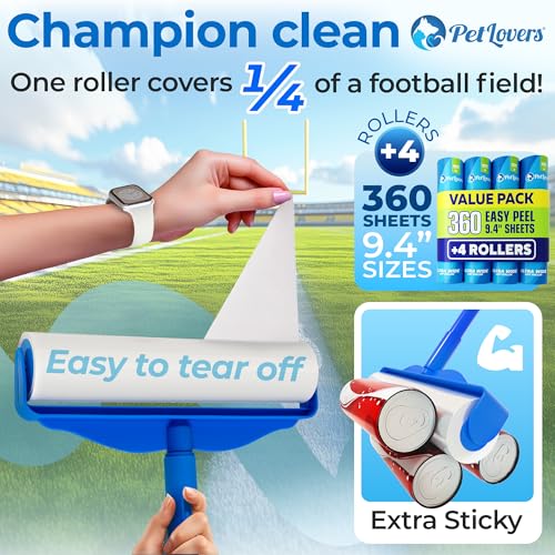 PetLovers Large Lint Roller with 3 Refills – 360 Total Sheets for Tackling Pet Hair, Extra Large Floor and Carpet Roller for Homes with Pets, Perfect for Floors, Furniture, and Loving Pet Owners - size: 4 Pack Floor Roller