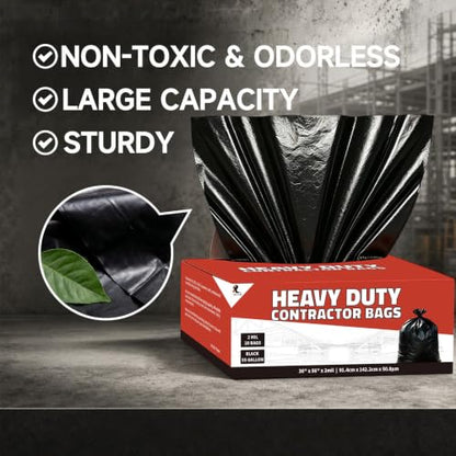 55 Gallon 2 Mil Heavy Duty Trash Bags, HUOJI 20 Count 36'' x 56'' Black Plastic Bags for Contractor, Industrial, Commercial, Yard