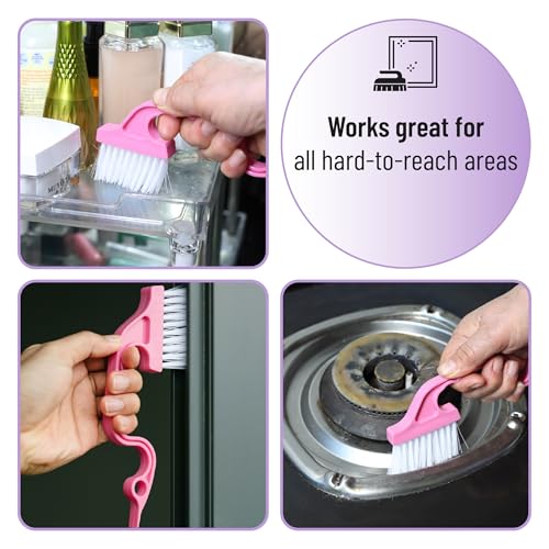 Slick- Window Track Cleaning Brush, 3 Pack, Shades of Pink, Ergonomic Handle, Built-in Scraper, Multipurpose Window Track Cleaning Tools for Faucets, Shower Heads and Drains