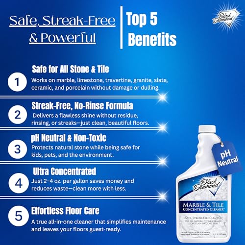 Black Diamond Stoneworks Marble & Tile Floor Cleaner Concentrate, pH Neutral, Streak-Free & No-Rinse Formula for Granite, Travertine, Limestone, Slate, Ceramic & Porcelain Floors (1 Quart) - size: 32 Fl Oz (Pack of 1)