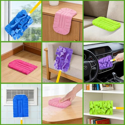 12PCS Fleece Reusable Duster Refills with 4 Handles, Washable Cleaning Pads in 6 Colors, 360° Dust Cleaning Brush for Home, Blinds, Car, Furniture, Fans, Wet & Dry Use