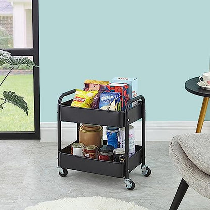 Melody House 2 Tier All-Metal Rolling Storage Cart with Handle and Locking Wheels - Kitchen, Laundry, Office, Bathroom Organizer, Black - size: 2 Tier Black