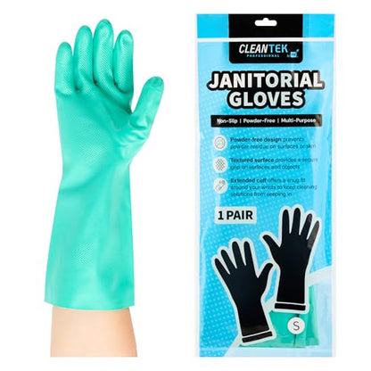 Restaurantware-Clean Tek Professional 15 Mil Small Cleaning Gloves, 1 Pair Of Long Cuff Gloves - Flock Lining, No-Powder, Green Nitrile Chemical Tolerant Gloves, No-Latex, Heavy-Duty Tasks - color: Green, size: Small