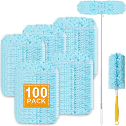 100Pcs Duster Refill Compatible with Swiffer Hand Duster +4FT Extended Handle +1 Handle, 360° Heavy Duty Duster Refills Kit for Cleaning, Office, Ceiling Fan, Baseboard & Blind - size: 100Pcs+2Handle