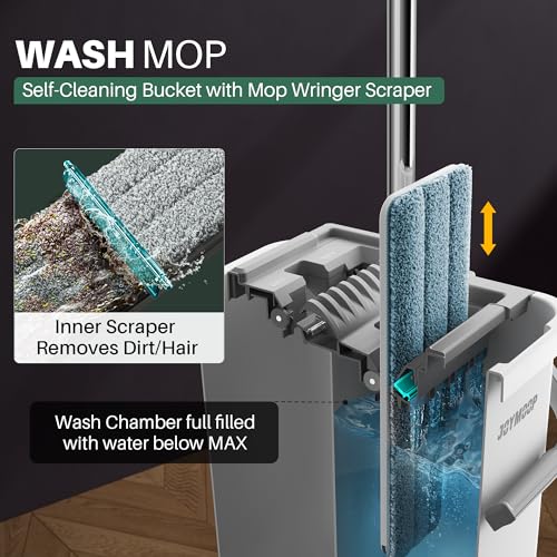 JOYMOOP Flat Mop System, Microfiber Mop and Bucket Set, White, Household & Commercial Floor Cleaning Mop with Long Handle, Hands-Free Cleaning System - color: White Plus241