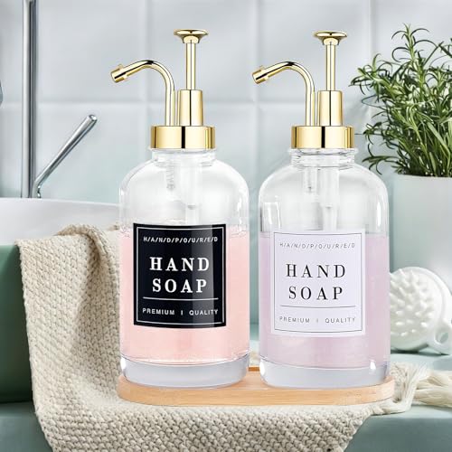 Dish and Hand Soap Dispenser for Kitchen,Glass Soap Dispenser with Pump,Tray,Funnel, Set of 2 Countertop Soap and Lotion Dispenser for Bathroom,Shower,500ml/16.9oz, - color: Ks-5010-34y-2g