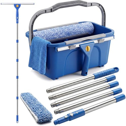 Window Cleaning Kit with Bucket, Window Squeegee and Microfiber Scrubber, 76-Inch Extension Pole Window Washer Set for Glass Doors, Shower Doors, Mirrors and Car Windows