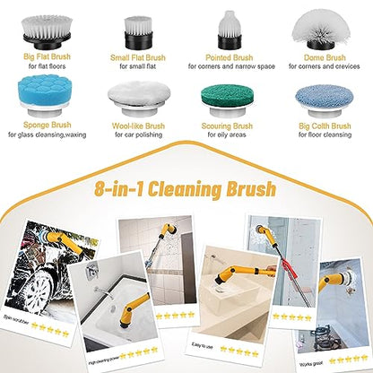 Qimedo Upgrade 1200 RPM Battery Electric Spin Scrubber, Highly Powerful Cordless Cleaning Brush with Smart Display, Electric Tile Floor Scrubber with 8 Brushes, Battery Powered Shower Scrubber