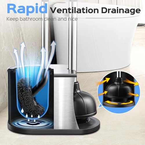 HAMITOR Toilet Plunger and Brush Set: 2 in 1 Stainless Steel Rustproof Combo with Deep Cleaning Curved Bristles - Heavy Duty Toilet Unclogging for Family Bathroom - Compact Apartment Accessories - color: Silver