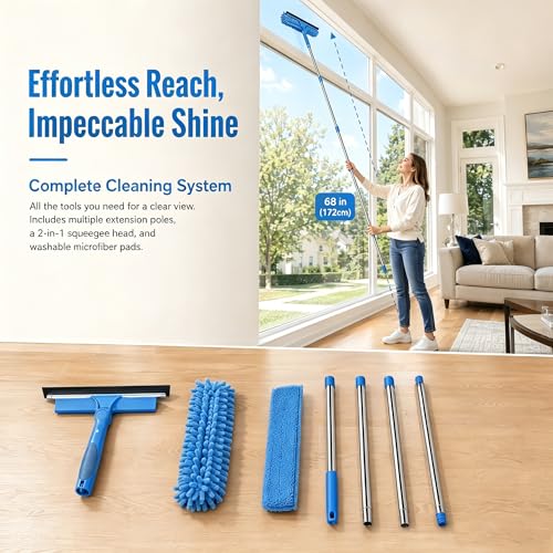 68'' Window Squeegee Cleaner Kit - 2-in-1 Rotatable Window Cleaning Tool with Extension Pole, Professional Streak-Free Squeegee with Bendable Head for Indoor/Outdoor Windows Car Glass (Blue, 38.45FT) - color: Blue