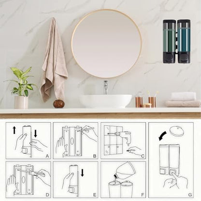 2-Chamber Black Wall Mounted Soap Dispensers, 10oz/300ML Refillable Shampoo Conditioner Shower Dispenser No Drill, Clear Plastic Manual Pump Dispenser for Bathroom Hotel Kitchen - color: 2-chamber Black