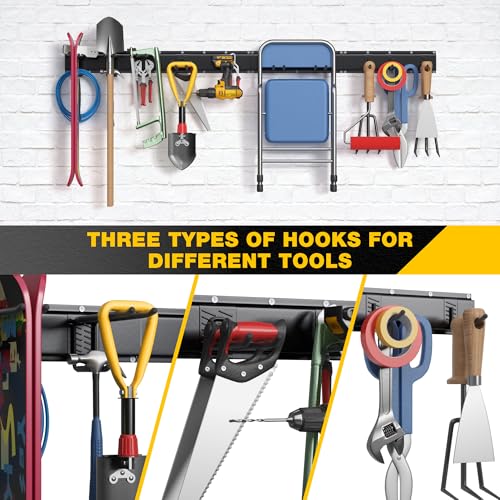 Garage Tool Organizer Wall Mount with 64 inches Rails and 10 Adjustable Heavy-Duty Hooks, Garden Tool Organizer, 14 Pack Carries 630 lbs, Heavy Duty Garage Storage Rack For Yard, Shed, Easy to install - size: 64 inch with 4 Panels & 10 Hooks
