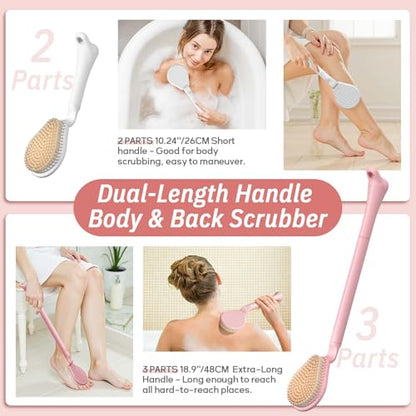 Back Scrubber for Shower & Silicone Bath Glove Set, 19’’ Detachable Long Handle Body Scrubber Wet or Dry Brush, Adjustable 2-in-1 Back & Body Brush with Soft Bristles for Deep Cleaning(Pink) - color: Back Scrubber-pink