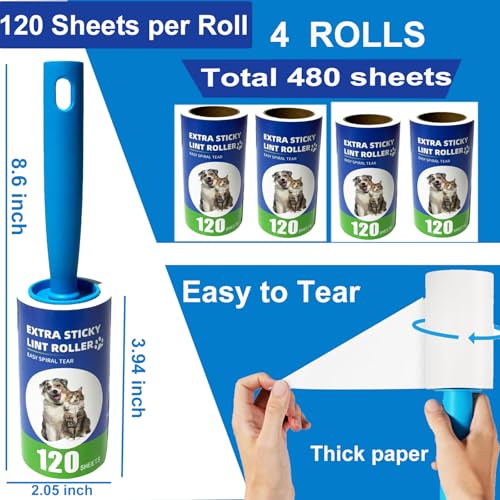 Lint Rollers for Pet Hair Extra Sticky- Lint Brush for Clothes, Furniture, Carpet,Car, Floor,Bed-Pet Hair Roller for Dog Cats Hair Removal- Reusable Handle and Refills (Small(1handle+4 Refills)) - size: small(1handle+4 refills)