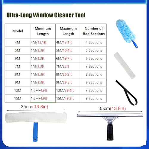 Professional 13 ' - 50 Ft Window Cleaning Tool, 3 in 1 High Window Washing Kit with Aluminum Pole & Fiber Duster, Window Cleaner Tools for Hard to Reach Outside/Housekeepin - color: 7m/23ft