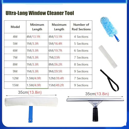 Professional 13 ' - 50 Ft Window Cleaning Tool, 3 in 1 High Window Washing Kit with Aluminum Pole & Fiber Duster, Window Cleaner Tools for Hard to Reach Outside/Housekeepin - color: 4m/13.1ft