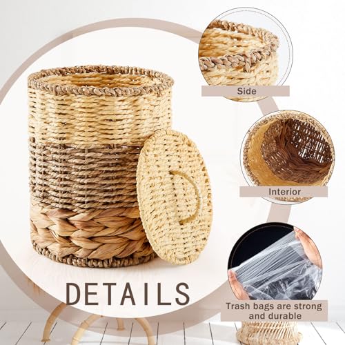 Ctosree 1.3 Gallons Small Trash Can with Lid Handle Boho Woven Braided Bathroom Waste Basket Trash Can with 100 Garbage Bags for Bedroom Office Laundry(Braided Wicker, Primary Color) - color: Primary Color, style: Round