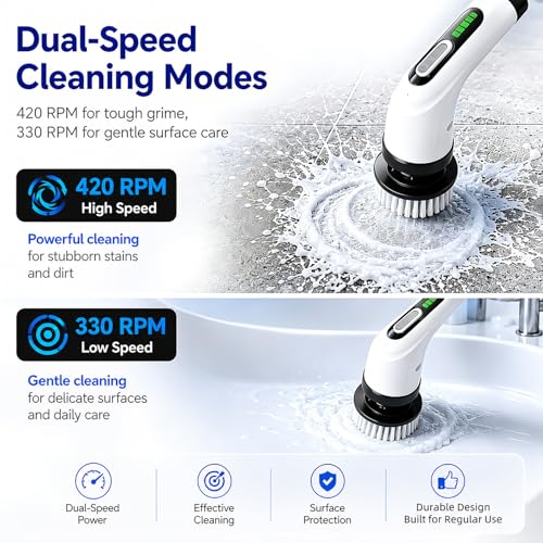 Highyes Electric Spin Scrubber for Bathroom | IPX7 Waterproof Shower Scrubber with Extendable Long Handle，Bathroom Cleaning Scrubber with 7 Reusable Brush Heads