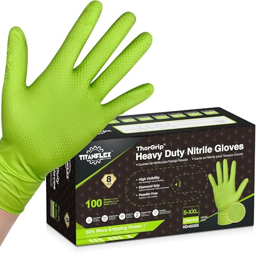 TitanFlex Heavy Duty Industrial Nitrile Gloves with Raised Diamond Texture, 8-mil, Latex Free (Green/Dark Green/Yellow) - color: 02 Green (100ct), size: XX-Large