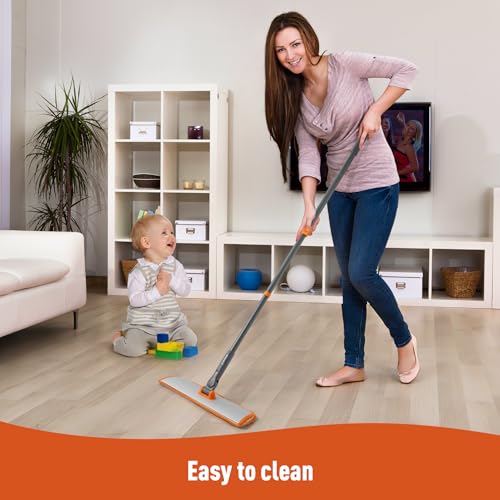 CLEANHOME Microfiber Mop Floor Dust Mop with Extendable Long Handle, Flat Mop with 4 Reusable Pads and 1 Dirt Removal Scrubber, Suitable for Home Kitchen Bathroom Living Room Cleaning | Telescopic Aluminum Flat Mop with Dust, Polish & Wet Wash Functions,&