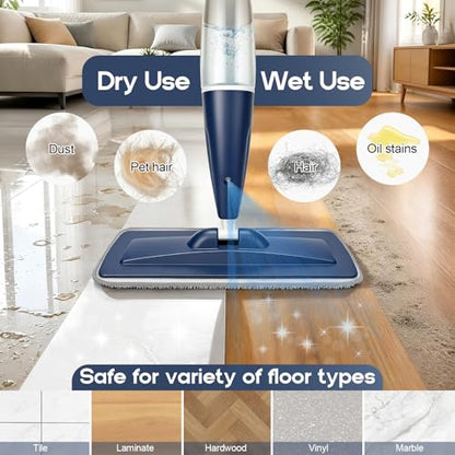 CLDREAM Microfiber Spray Mop for Hardwood Tile Floors Dust Cleaning | 3 Microfiber Washable Pads| 23.6oz Refillable Bottle|Dry Wet Use Mops with Sprayer for Home Kitchen Tile Wood Vinyl Laminate - color: Blue