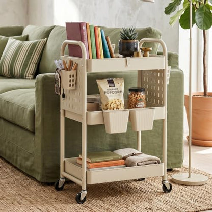 danpinera 3 Tier Rolling Cart with Retractable Dividers, Multi-Functional White Rolling Utility Cart with Pegboards, Hooks & Hanging Cups for Nursery, Living Room, Studio - color: Beige, size: with Dividers