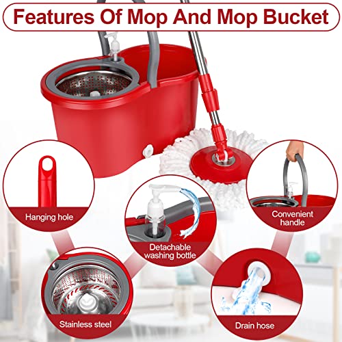 Spin Mop and Bucket with Wringer Set, 360° Spinning Mop Bucket System with 3 Microfiber Mop Replacement Heads and 61" Stainless Steel Adjustable Handle for Floor Cleaning (20QT) - color: Red