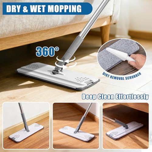 Flat Mop and Bucket Set with Heavy Duty Scrub Brush, 2 Washable Reusable Microfiber Pads, for Tile Hardwood, Wall Cleaning, Home Indoor or Outdoor Cleaning (White-Gray) - size: 5Pcs