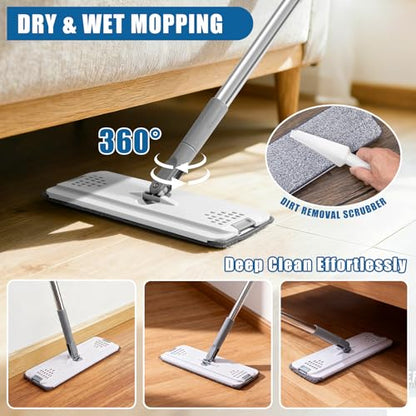 Flat Mop and Bucket Set with Heavy Duty Scrub Brush, 2 Washable Reusable Microfiber Pads, for Tile Hardwood, Wall Cleaning, Home Indoor or Outdoor Cleaning (White-Gray) - size: 5Pcs