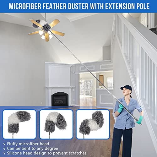 UIMO Microfiber Feather Duster Kit with Extension Pole (30–100") – Bendable Washable Heads, Extendable Dusters for Cleaning Ceiling Fan, High Ceiling, Blinds, Furniture & Cars (5 Pcs) - color: Gray