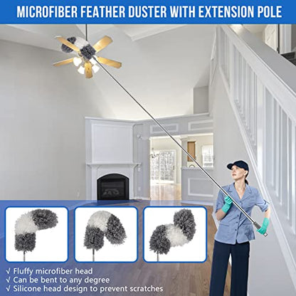 UIMO Microfiber Feather Duster Kit with Extension Pole (30–100") – Bendable Washable Heads, Extendable Dusters for Cleaning Ceiling Fan, High Ceiling, Blinds, Furniture & Cars (5 Pcs) - color: Gray