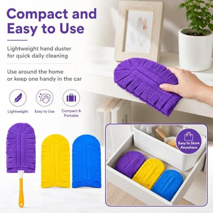 3 Pack Reusable Duster Refills with 1 Handle, Washable 360° Dusting Heads Compatible with Swiffer Dusters for Wet & Dry Cleaning, Blinds, Fans, Furniture, Cars and Pet Hair