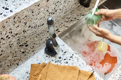 Joseph Joseph SinkTech Refillable Soap-Dispensing Dish Brush with Stainless Steel Storage Stand Drip Tray - style: Soap dispensing Brush with Stand