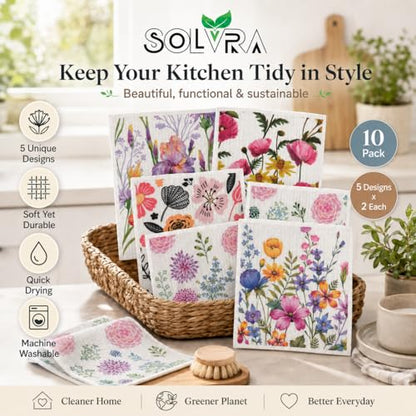 10 PCS Flower Print Swedish Dishcloths for Kitchen 100% Biodegradable, Reusable Cellulose Sponge Cloths Ultra Absorbent, Eco Friendly Cleaning Towels Dishcloths for Washing Dishes & General Cleaning - color: 10 Pcs-flowers Print
