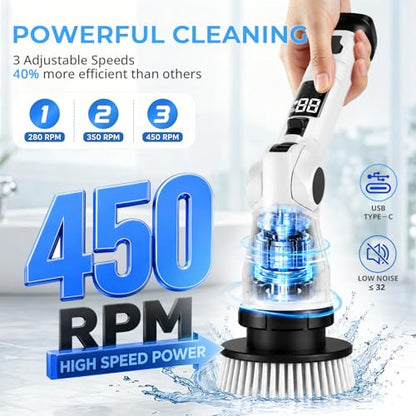 Electric Spin Scrubber, Cordless 3 Speeds 8 Heads Bathroom Cleaning Brush | 450RPM, 54" Extendable Handle, 8 Replaceable Brush Heads, Heavy-Duty, Power Scrubber for Shower, Tub, Tile, Floor, Wall Clean