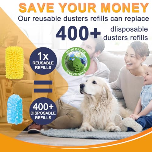 KeFanta Reusable Duster Refill for Swiffer, 360° Heavy Duty Duster Refills 8Pcs with 1 Handle, Washable Microfiber Dusters for Cleaning