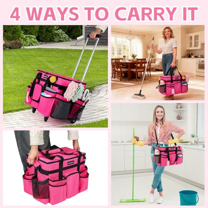 Large Rolling Cleaning Caddy Bag, Cleaning Caddy with Wheels with Detachable Trolley for Housekeepers, Water Resistant Cleaner Supplies Organizer with Wheels for Kitchen, Car, Picnic (Rose-Red)