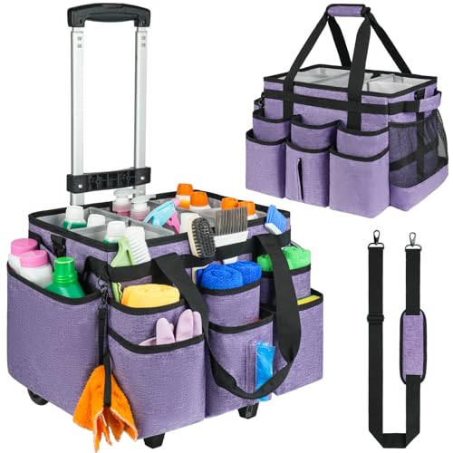 Large Rolling Cleaning Caddy Bag with Detachable Trolley,Cleaning Cart on Wheels with Shoulder Strap,Cleaning Supplies Organizer for Housekeepers,Purple - color: Purple