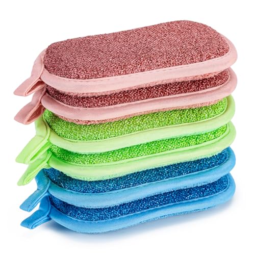 Dual-Sided Multi-Purpose Scrub Sponges, Non-Scratch Dishwashing Sponges for Kitchen, Reusable Microfiber Sponge for Efficiently Cleaning Dishes, High Density Sponge Inside (6 Pack, Medium 3 Color) - color: Multicolor, size: Medium(Pack of 6)