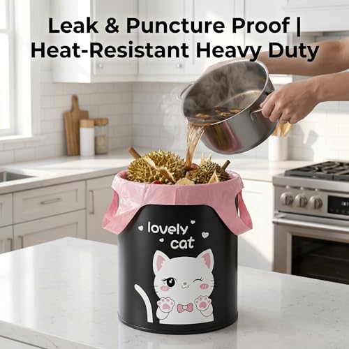 Garbage Bags 13 Gallon Tall Kitchen, 60pcs Pink Trashbags Cute Cat Print Thickened Plastic Garbage Bag Durable Handle Tie Large Pink Trash Bags for Home Office Bathroom Waste Basket And Kitty Litter