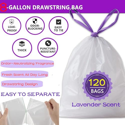 8 Gallon Trash Bags Drawstring, 120 Count Lavender Scented Leak Proof Medium Garbage Bags, 8 Gal Bin Bags Odor Control & Tear Resistant Can Liners for Kitchen Bathroom Bedroom Office - size: 1 Count (Pack of 110)