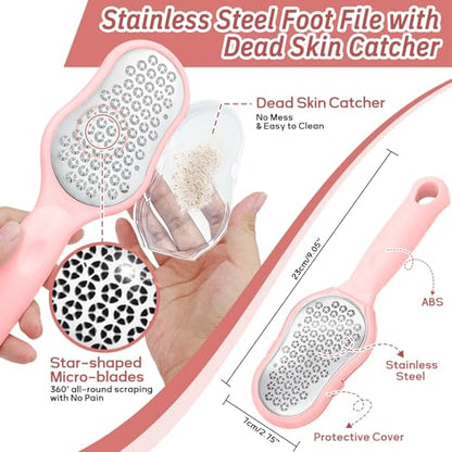 New Foot Brush & Foot Files Set(3PCS), 3-in-1 Foot Scrubber with Long Handle, 10.2’’-27.5’’Adjustable Foot Scrub Brush and 2 Upgrade Foot File Callus Remover, Gift-Box Packed(Pink+2*Foot File) - color: Pink Kit04