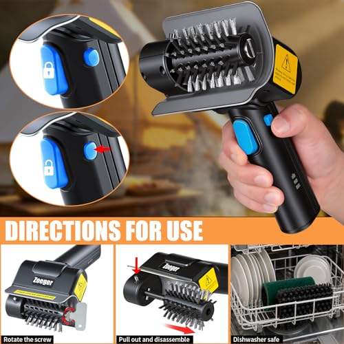 Upgraded Electric Grill Brush, High Torque 2-in-1 Kit Power BBQ Cleaning Brush Cordless Rechargeable 120Mins Runtime Grill Cleaner, Splash-Proof Scrubber for Porcelain Cast Iron Stainless Steel